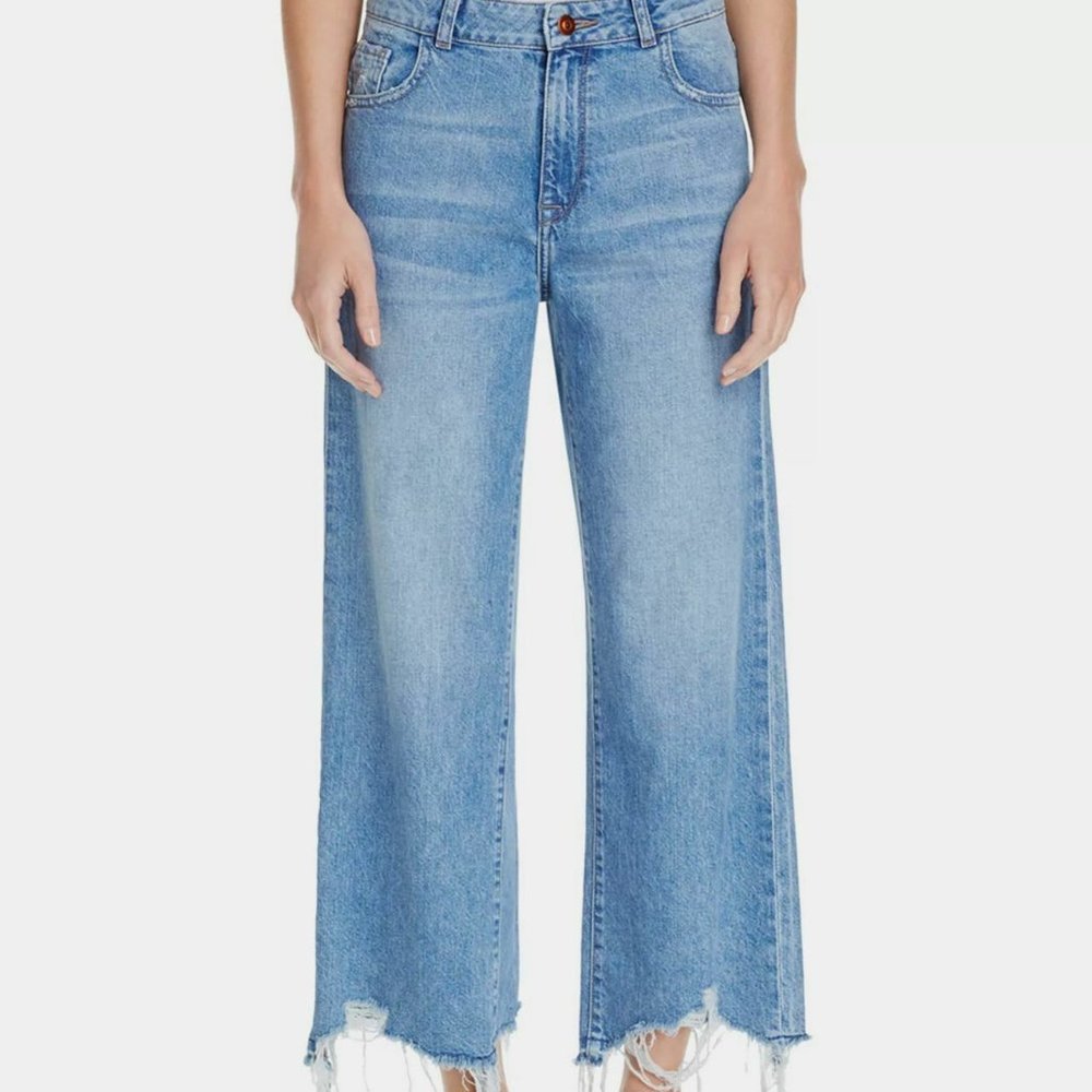 Dl1961 Women's Blue Frayed Hems Stretch Denim Pants Crop Wide Leg Jeans